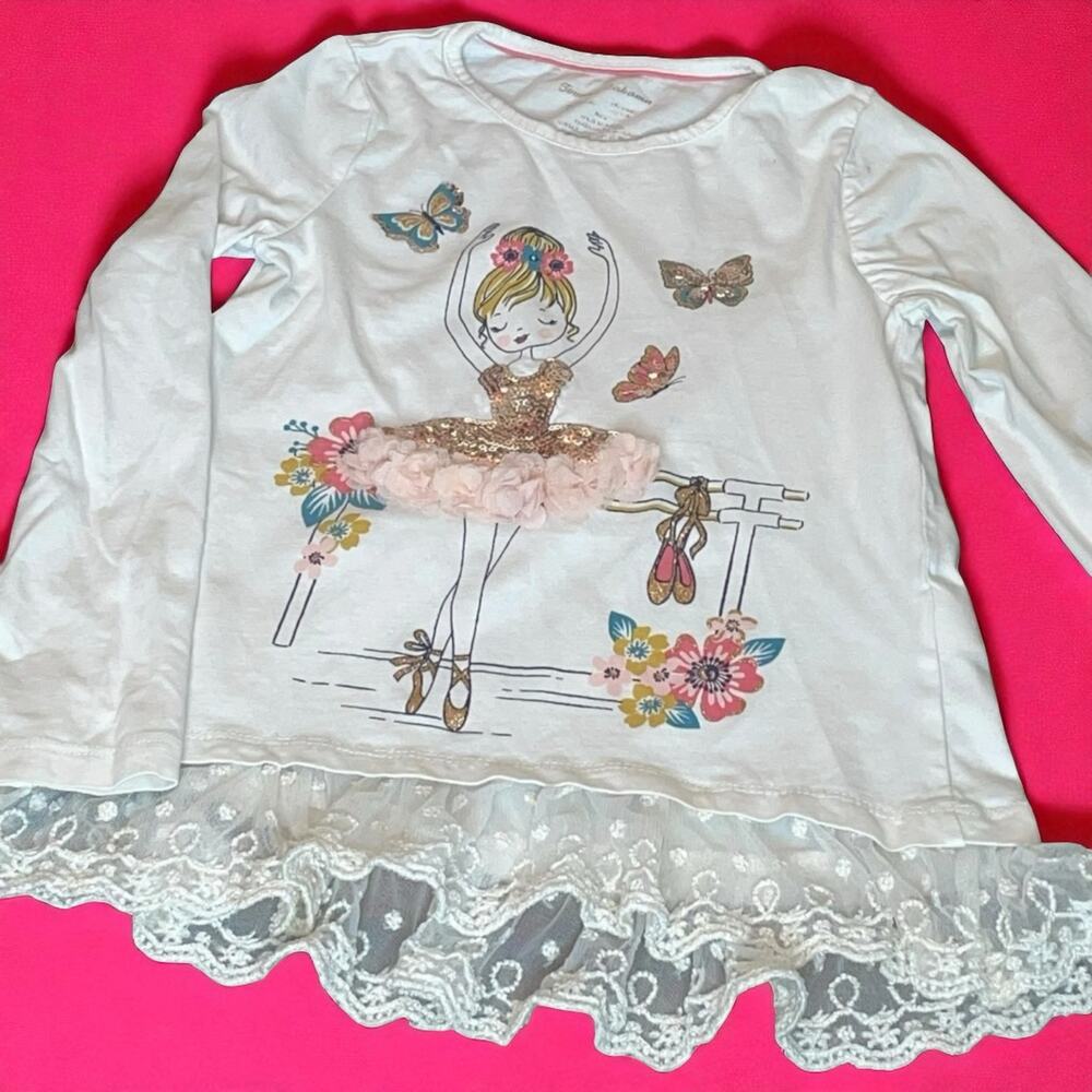 Tommy Bahama Girls Small 5/6 Long Sleeve Top Ballerina Sequin Tutu Butterfly Tee
